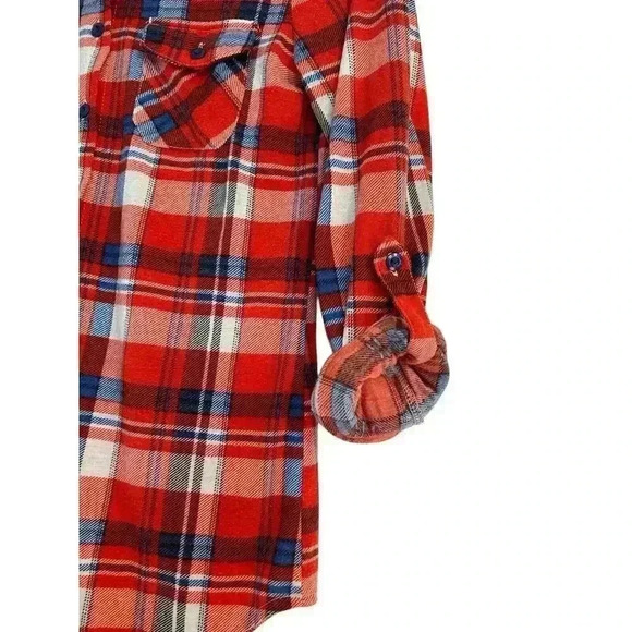 Rue 21 Small Red Plaid Shirt With Crochet Back Detail Long Sleeve Roll Up Sleeve - Picture 5 of 12